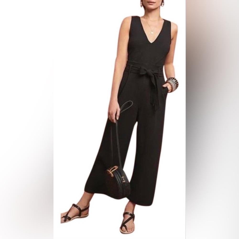 Anthropologie Cathy Jumpsuit Women’s Small Black V-Neck Sleeveless Belted Crop